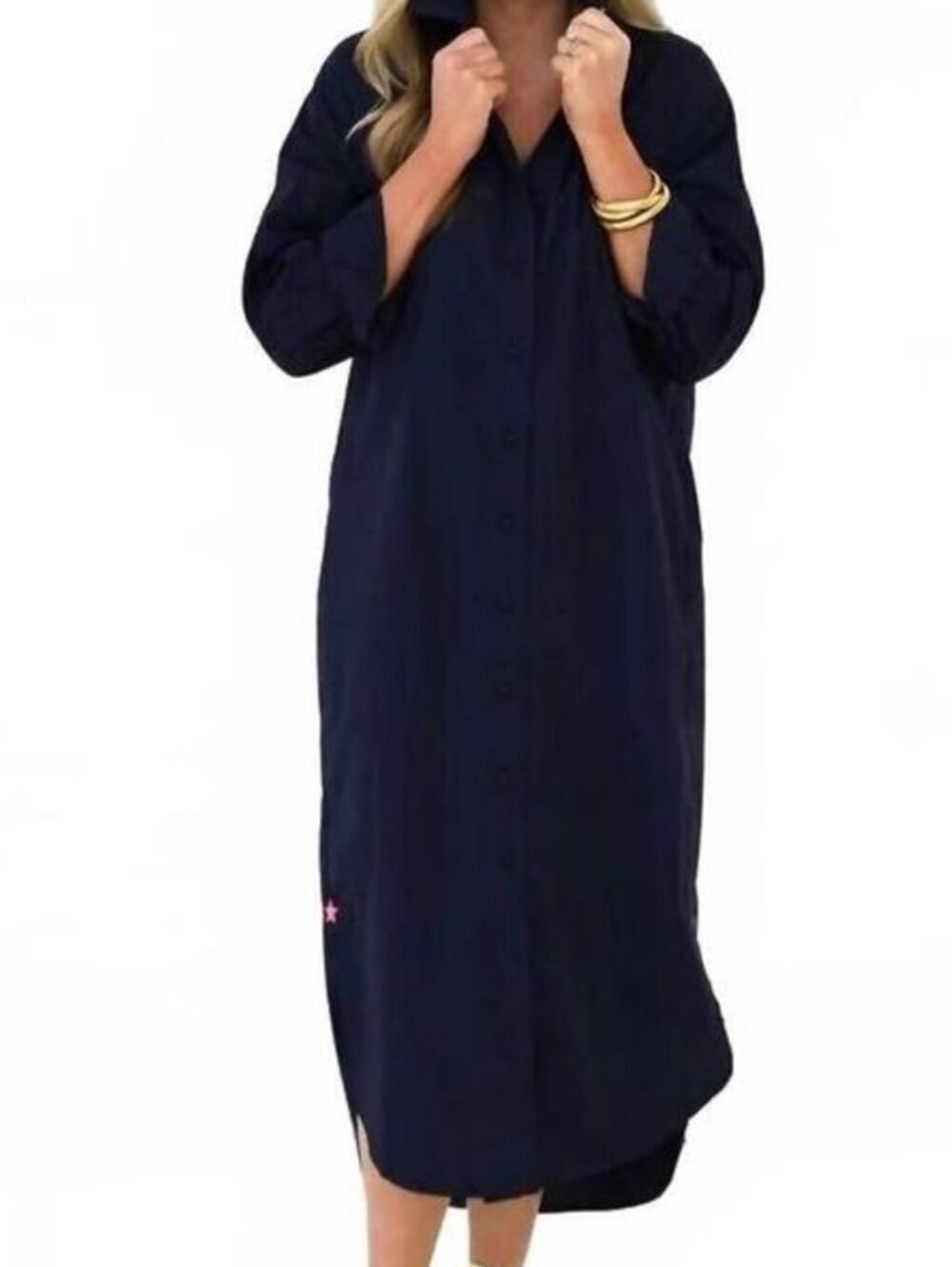 Caryn Lawn Navy Cotton Oversized Shirt Dress Embroidered Stars One Size